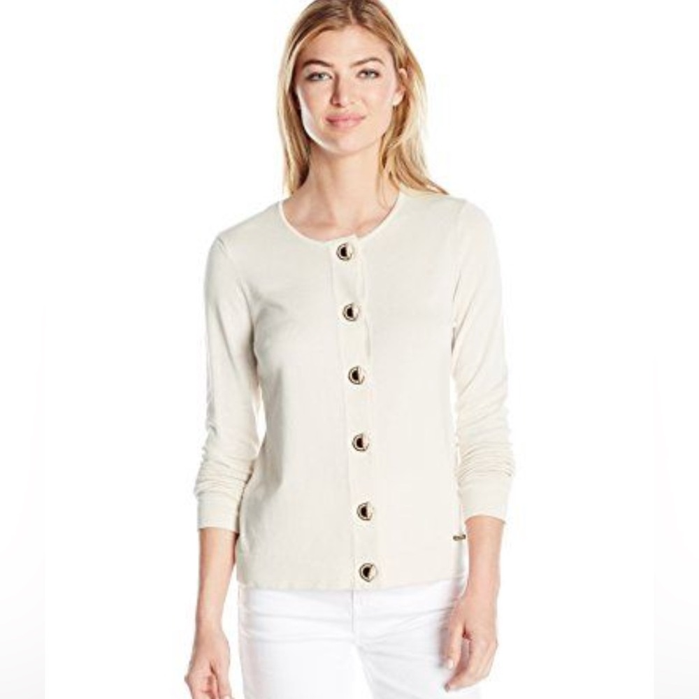 Calvin Klein White with Gold tone Grommet Toggle Cardigan